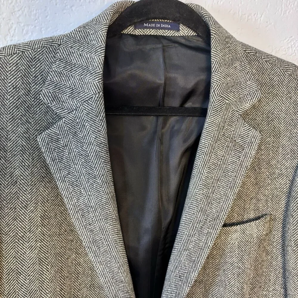 Lands’ End 100% Wool Blazer Mens 42L Brown Herringbone Sport Coat Lined 2 Button